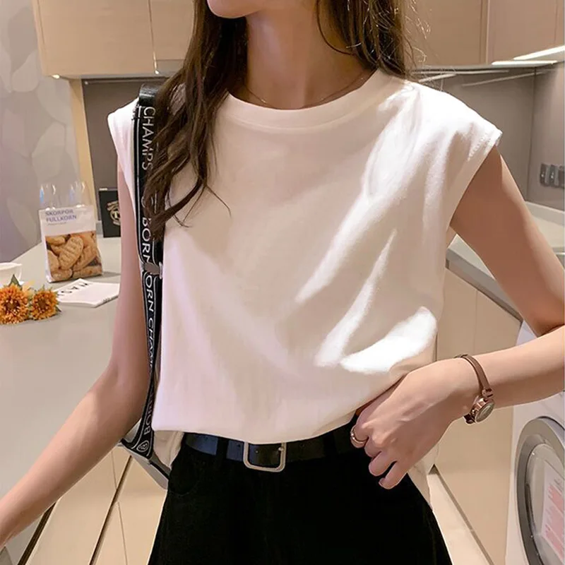 Letné tričká bez rukávov Dámske dám O-krk Solid Color Korean Harajuku Tee Tops Tops CDPF-WYP-6798