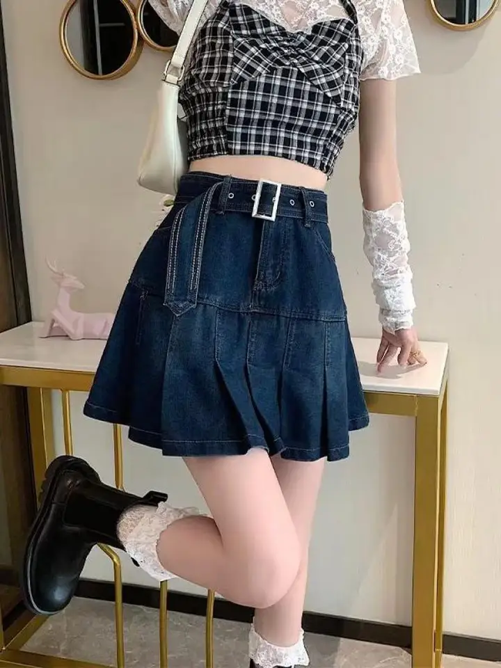 Letné vinobranie modrá denim Party Pleat sukne Ženy Y2K High Waist Ruffle Mini sukňa Lady Kórejské streetwear A Line Jean Sukne