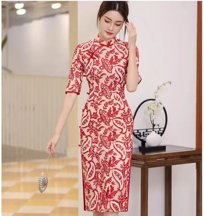 Letné červené qipao vylepšené nové čínske svadobné šaty