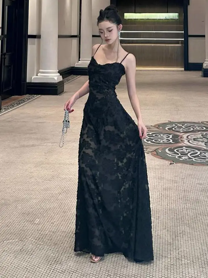 Letné čierne v krku temperament narodeniny Večerné večierky Lace Slip Dress Dámske elegantné backless Slim Dovolenka dlhé šaty móda