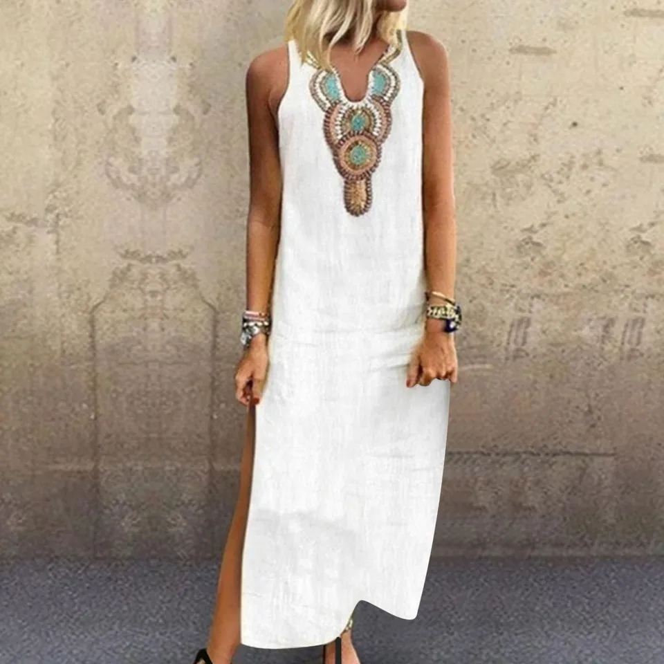 Letné šaty na bočné štrbiny pre ženy pre ženy Príležitostné Bohe tlačené šaty elegantné rukávy bez rukávov v krk maxi rúž Vestido feminino