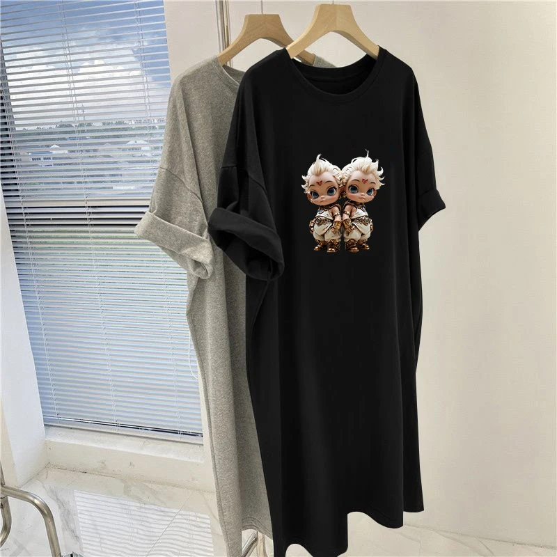 Letné šaty s krátkym rukávom midi tlačené Príležitostné voľné tuniky dám O-krk pullover elegantné y2k gotické módne módne šaty