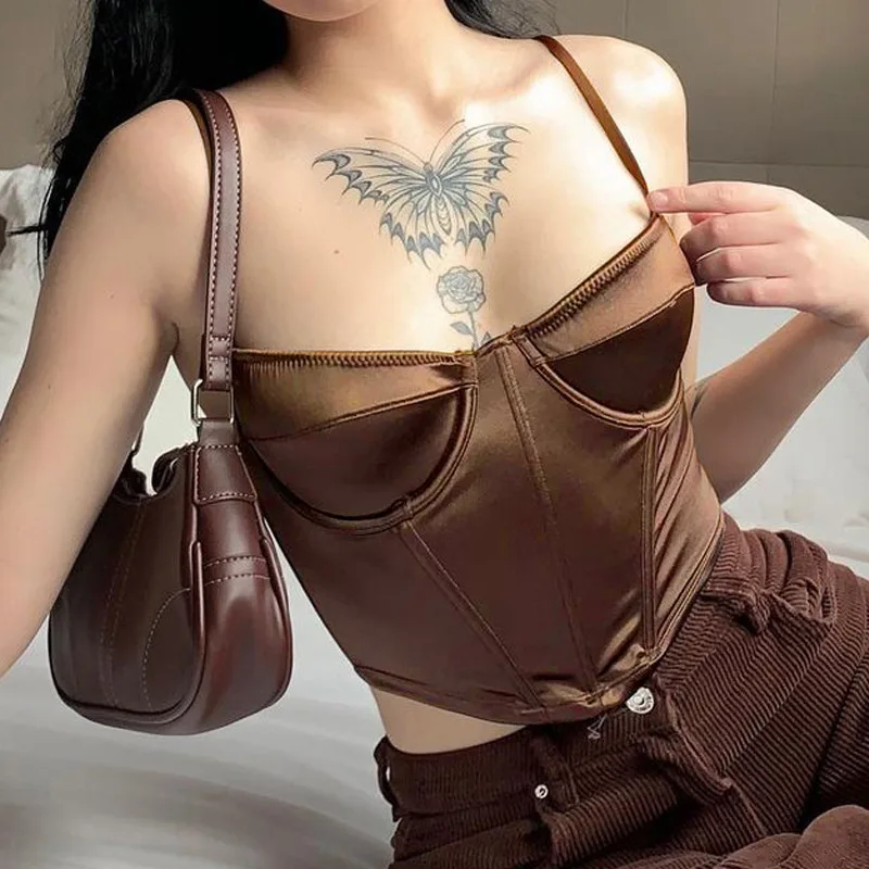 Letné ženy 90. roky hodvábny hnedý V krk špagety špagety popruhy korzet horný rukáv bez rukávov štíhle sexy bez backless plodiny Cami Top 2000s
