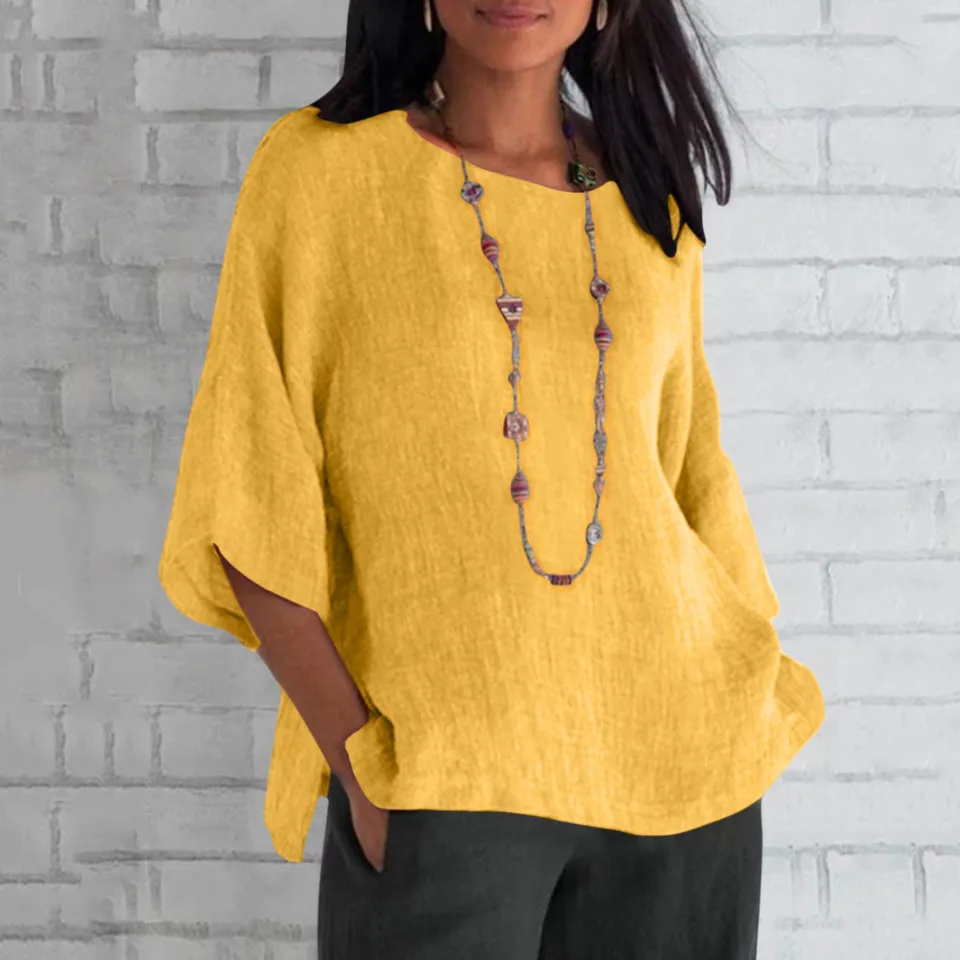 Letné ženy bavlnené ľanové košele Tri štvrtiny rukávy okrúhle krk uvoľnené top Top tričká Solice Casual Tunic Tee Blouses Blusas mjer
