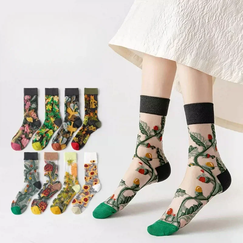 Letné ženy ponožky kvetinové výšivky ultra tenké priehľadné krištáľové hodvábne ponožky Ženy harajuku vintage elastické nylonové dlhé ponožky