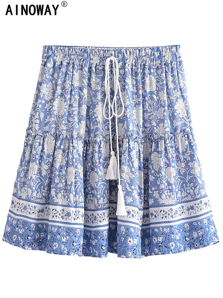 Letné ženy Ruffles Tassel Short Boho sukňa spodná časť Lady Porcelán kvetinový tlač