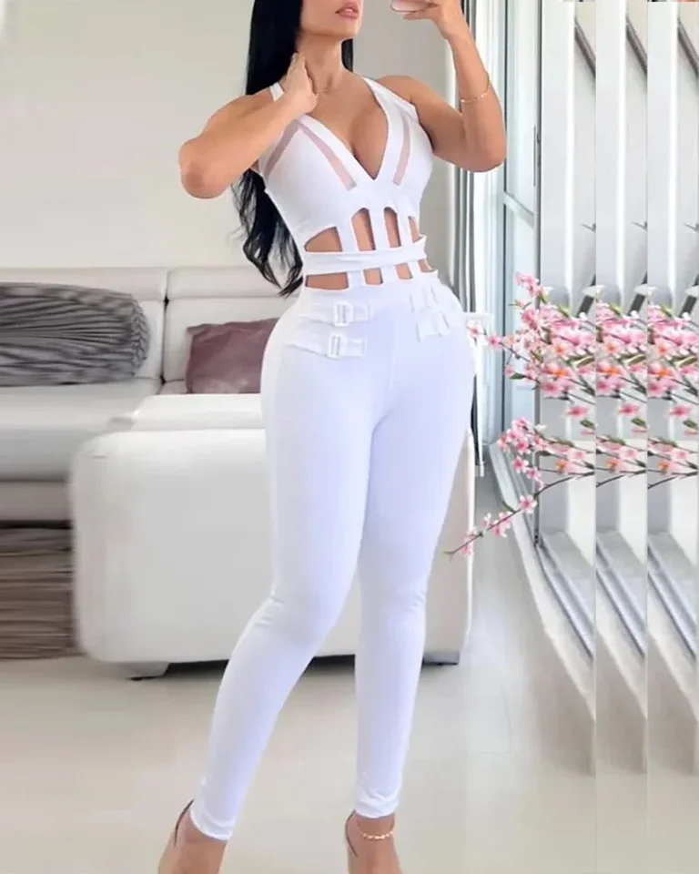 Letné ženy sexy duté z ohláňača Buckle kontrastné kontrastné kombinézy plechovky Night Out Chic Sleeveless Office Lady CombanySuit