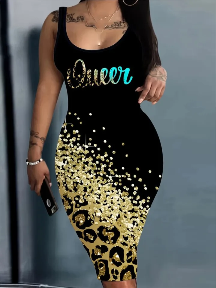 Letný balík boky dámske šaty módne neformálne bez rukávov tlačené šaty Bodycon Party Elegnat Nové 2024 Vestidos