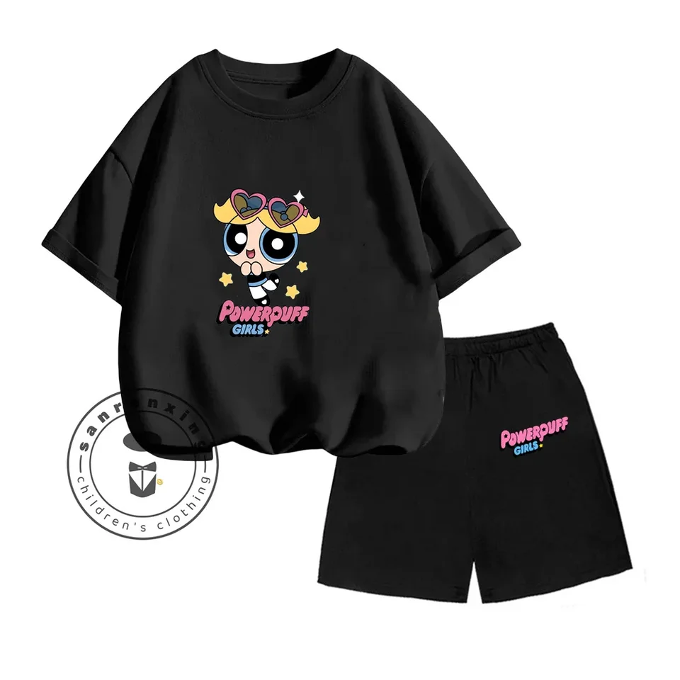 Letný hit animácia The Powerpuff Girls Printed Design O-krk na krátky rukáv a elastické pásy šortky detská dvojdielna súprava