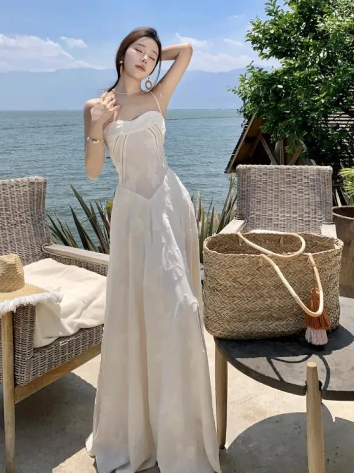 Letný módny trend béžový jacquard dovolenka dlhé šaty Dlhé šaty bez rukávov z ramena Ženy Sexy klub Slim Backless Lace-Up Slip Dress