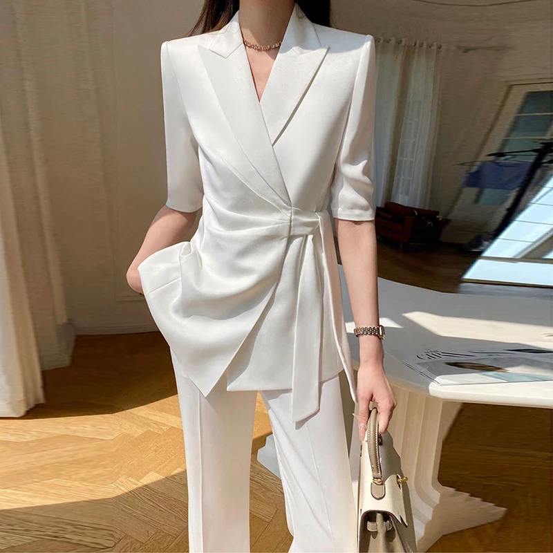 Letný oblek pre ženy tenké kancelárske nosenie 2024 módne krátky rukáv Lace-up sako kabát + vysoký pás s nohavičkami Slim White Outfits