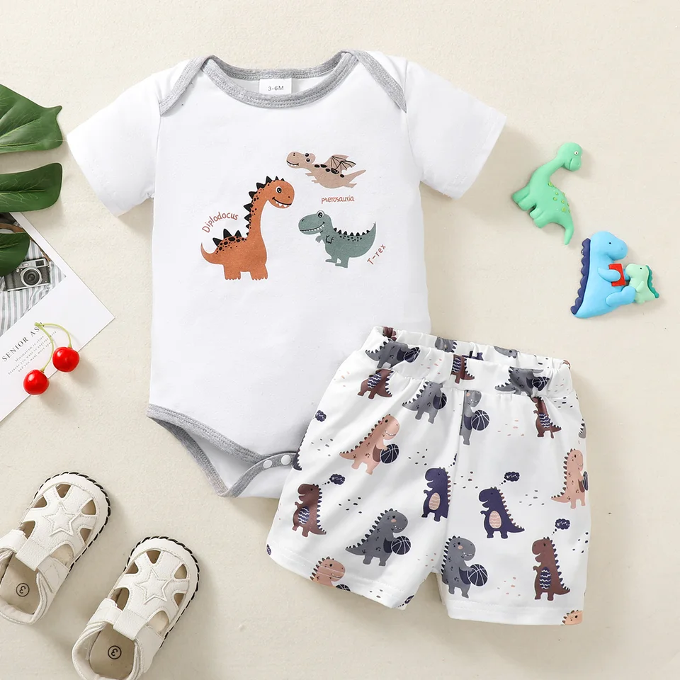 Leto 0-1 ročné staré chlapče Outfits Dinosaur Krátke rukávy Tops nohavice 2ks letné traťové módne oblečenie
