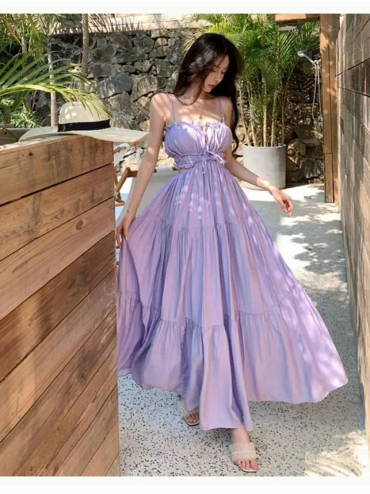 Leto 2024 Biela dovolenka backless Lace-up rozprávkové šaty Ženy Purple elegantné večierky sexy klub Plepated A-line Dlhé šaty dámy
