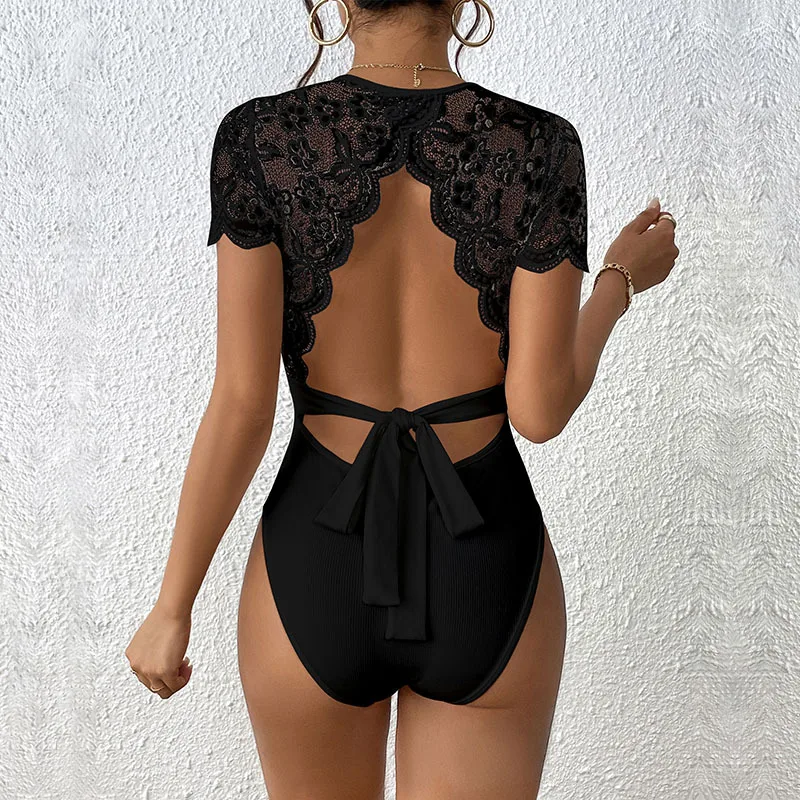 Leto Nové rukávy Women Women BodySuits Čierna biela pevná elegantná čipka Patchwork Casy Slim Rompers Celkon