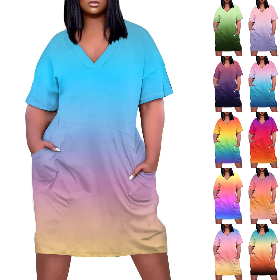 Leto plus veľkosť v krk s krátkym rukávom Kôle kolena vrecko Gradient tlače Príležitostné šaty pre ženy šaty trend dámske letné šaty