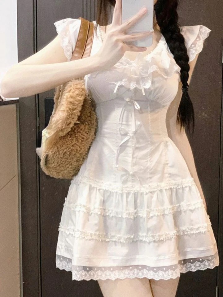 Leto Y2K Coquette White Lolita Sladké biele kawaii roztomilé mini šaty Ženy čipka luku princezná sloupka s krátkym šatám 2024 móda