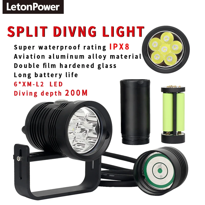 LETONPOWER CANISTER DIVE LAMP Technické potápanie zvýrazneného baterky6xl2 10000LM Potápanie potápača pod vodou LED VIDEA LIGHT