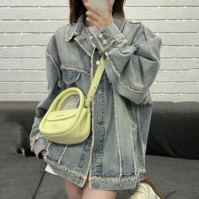 Letter Patchembroidered Raw Edge Denim bunda