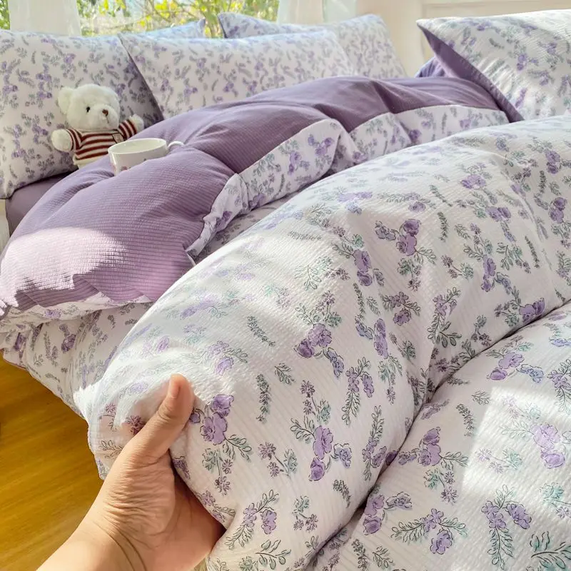 Levanduľový kvetinový obliečkový kryt súpravy s listom vankúš Soft