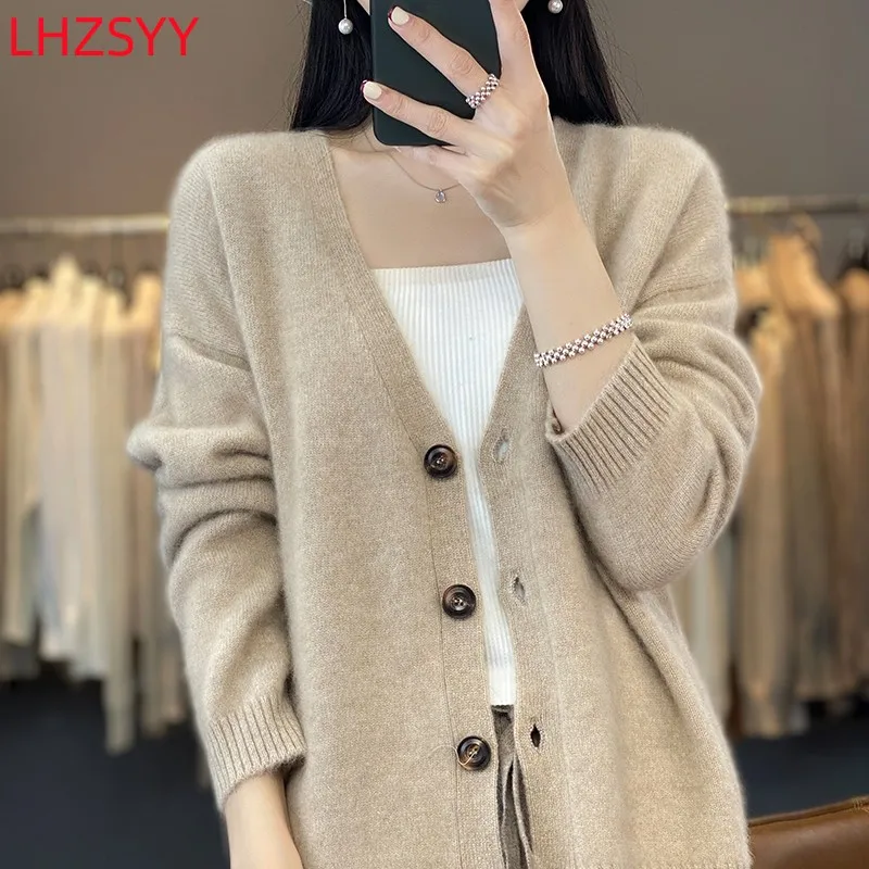 Lhzsyy Dámska nová 100% čistá vlnená kardigan jesenná s dlhým rukávom s kabátmi V-krk ženská bunda Husté svetre veľké pletené košele veľkú veľkosť