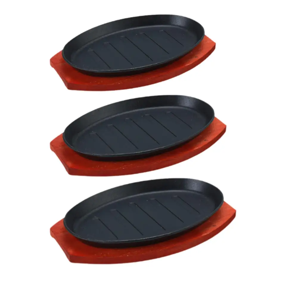 Liatinový steak tanier s dreveným základným oválnym tvarom Fajita Plate Sizzle Griddle for Home Restaurant BBQ Kitcheny Outdoor Camping