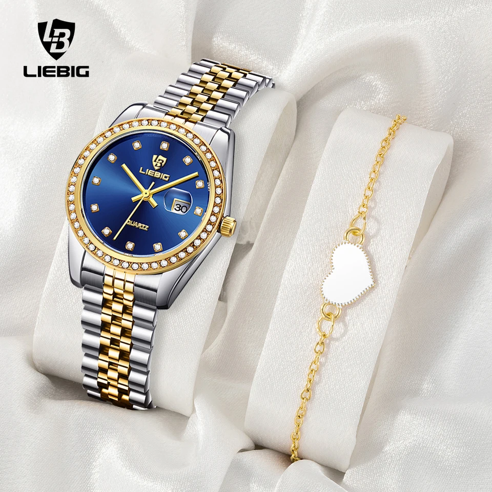Liebig Luxury Quartz Watches for Women Waterproof Time Dátum náramkových hodiniek Lady z nehrdzavejúcej ocele Strip hodinky a náramok feminino