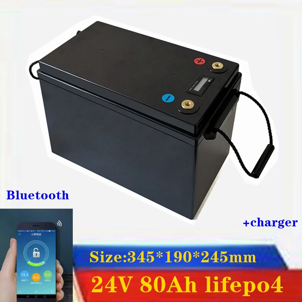 LIFEPO4 24V 80AH lítium batérie BLUETOOTH BMS aplikácia pre 2500 W 3000W Inverter Bike Bike RV AGV Solar Energy Storage + 10A Charger