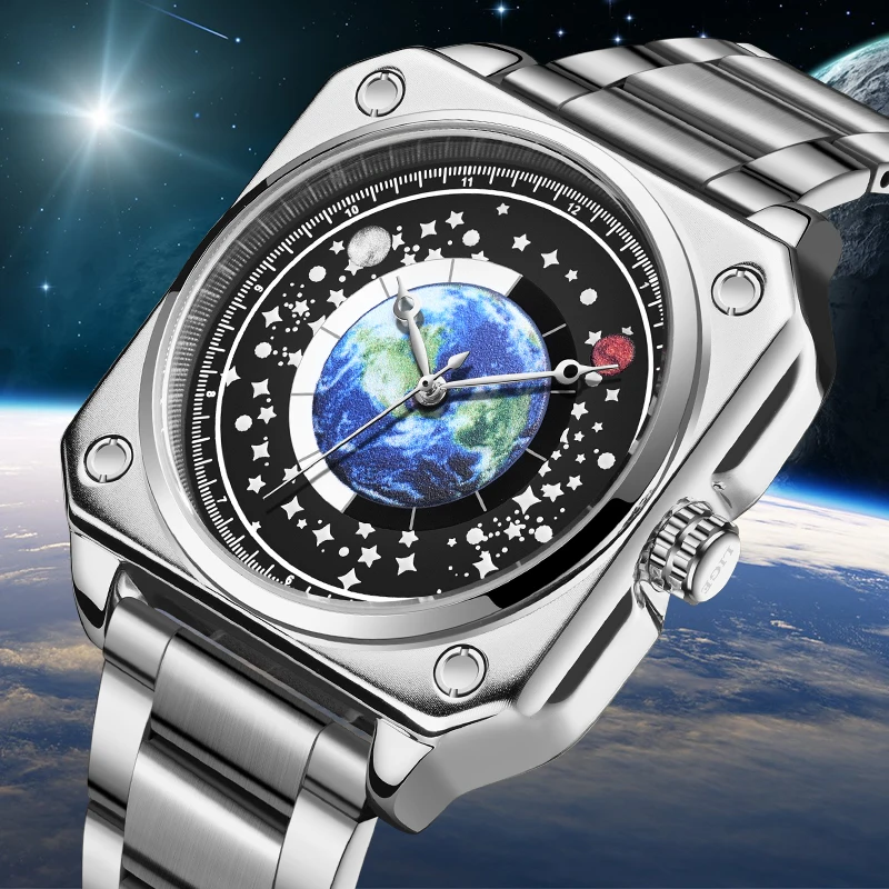 Lige Fashion Luxury Quartz Men's Watch Creative Blue Planet Steel Band Watch for Men Nepremokavá žiarivá zemia