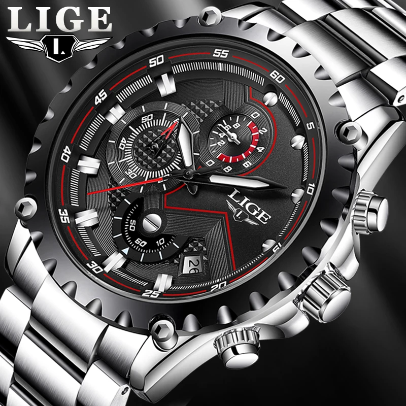 Lige Fashion Mens Watches Top Luxury Brand Strieborná nehrdzavejúca oceľ 30 metrov vodotesná Quartz Watch for Men Armáda vojenský chronograf