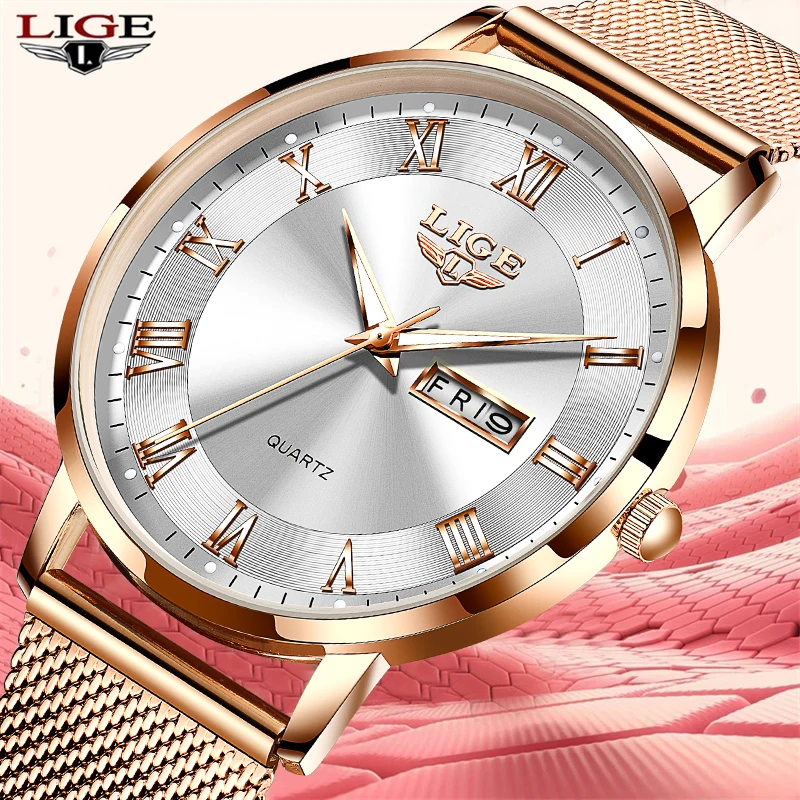 Lige Fashion Woman Sledujte športový vodotesný oceľový remienok Dámske kremenné hodinky Luminous Calendar Zápätské hodinky pre ženy reloj Mujer