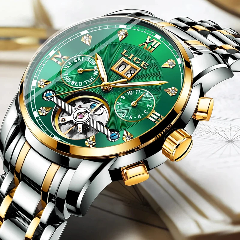 Lige Fashoin Pánske hodinky Značka Luxusné automatické mechanické hodinky pre mužov Vodotesná nehrdzavejúca oceľ Dátum Tourbillon Wristwatch