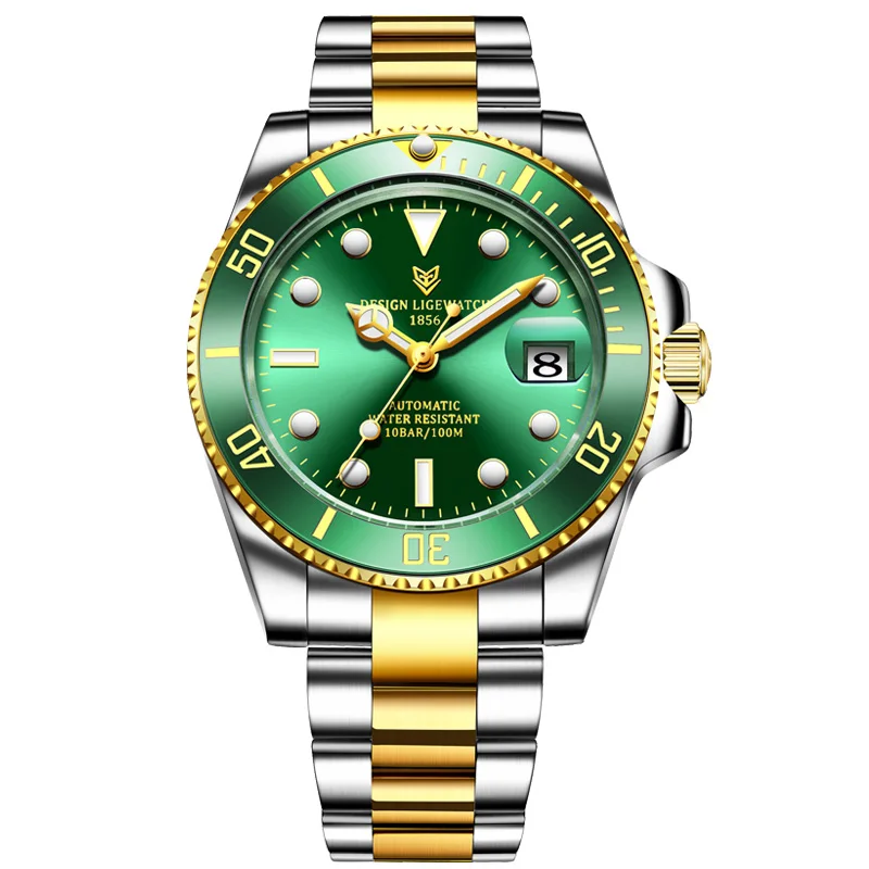 Lige Luxury Mechanical Man Watch Business Castless Automatické náramkové hodinky Ceramic Rám GMT Dive Watch for Men Montre Homme+Box