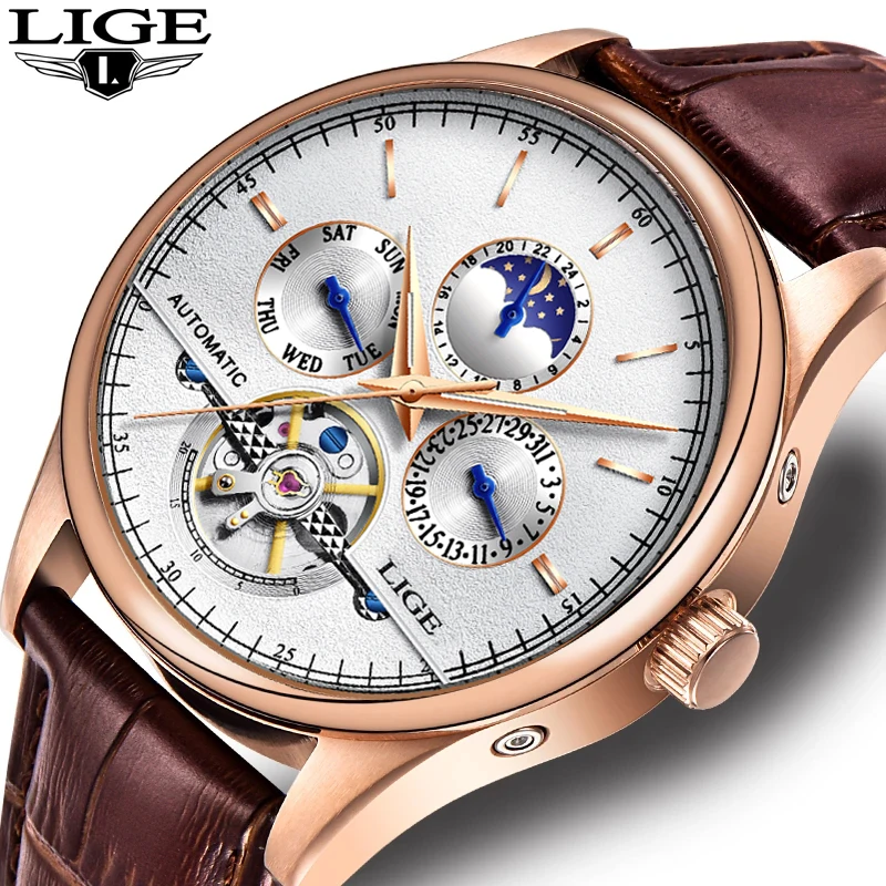 Lige Mechanical Watch Men Tourbillon Automatické hodinky Luxusné vintage mechanické hodinky kožené klasické módne pánske náramkové hodinky