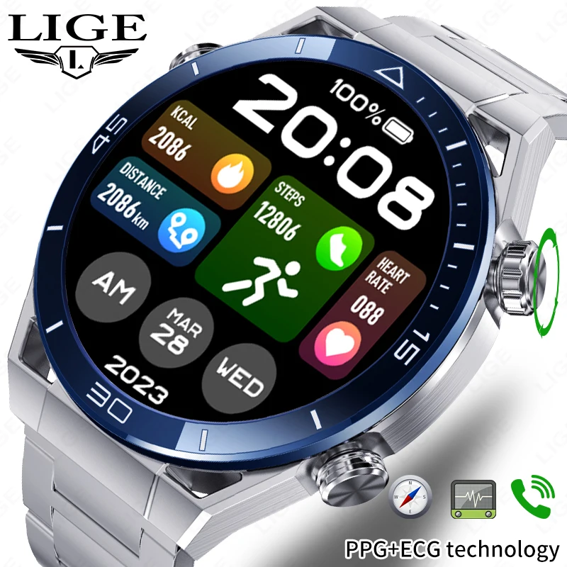 Lige Men Smart Watch NFC Bluetooth Call GPS Motion Tracker Watches Compass hudba Vlastné vytáčanie náramok Business Smartwatch Men