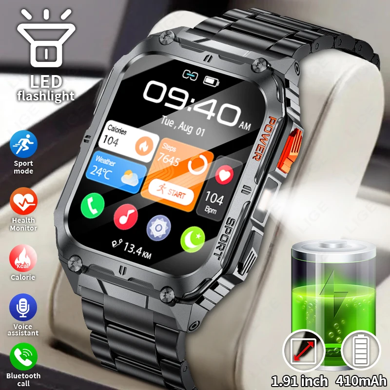 Lige Outdoor Vojenské inteligentné hodinky Muži viedli baterky Sport Smartwatch BT volajte vodotesné 410 mAh pánske hodinky pre Xiaomi Huawei