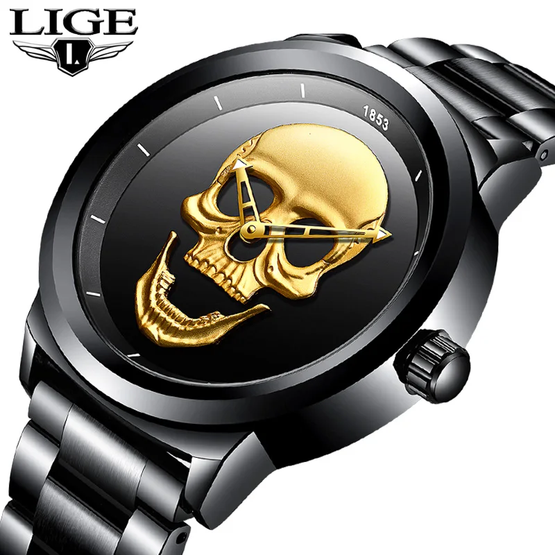 Lige Skeleto Muži sledujte top značku Príležitostná 3D lebka plná oceľ nepremokavá vojenský športový mužský kremeň zápästie Watch rellogio maskulino