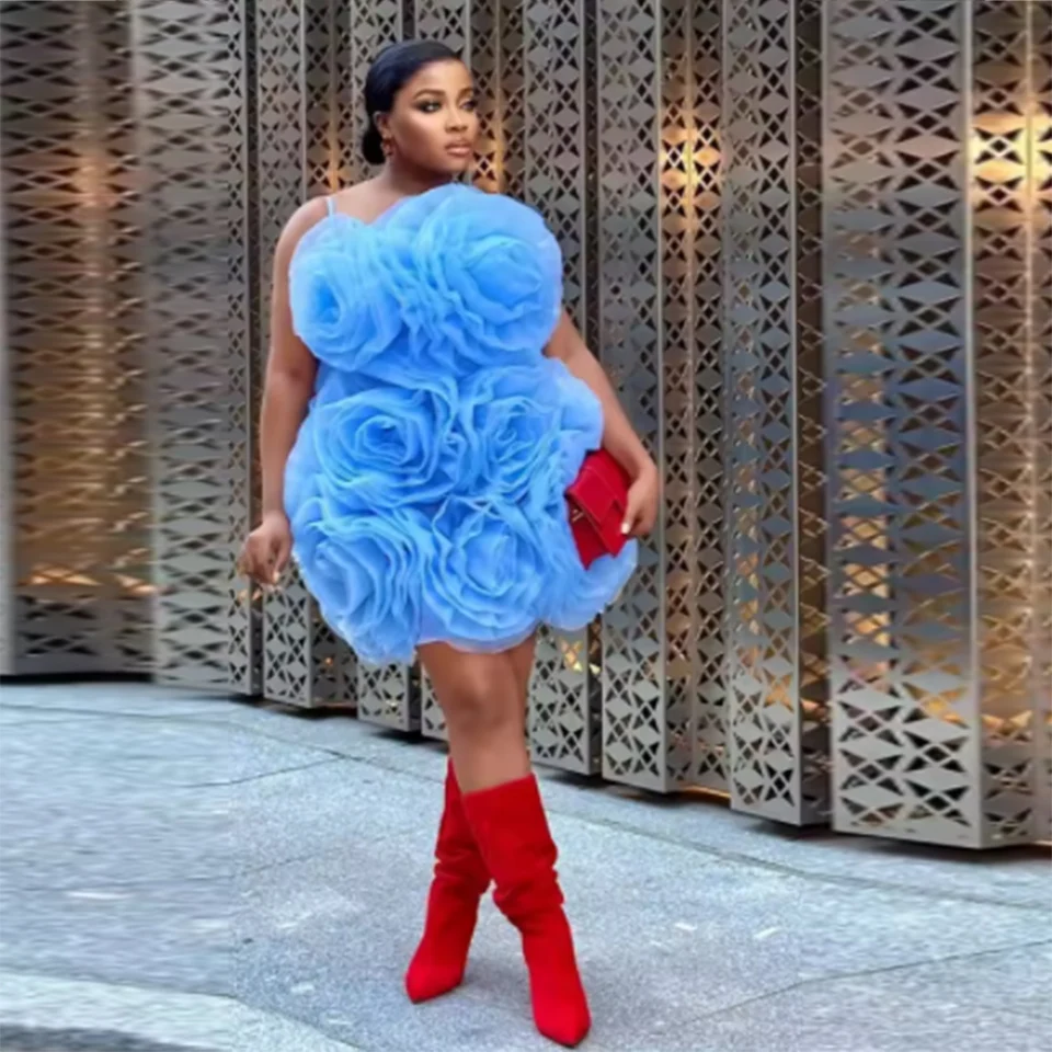Light Sky Blue Ruffles Prom šaty špagety nafúknuté nafúknuté večerné šaty ASO EBI Plus veľkosti formálne príležitosti večierky