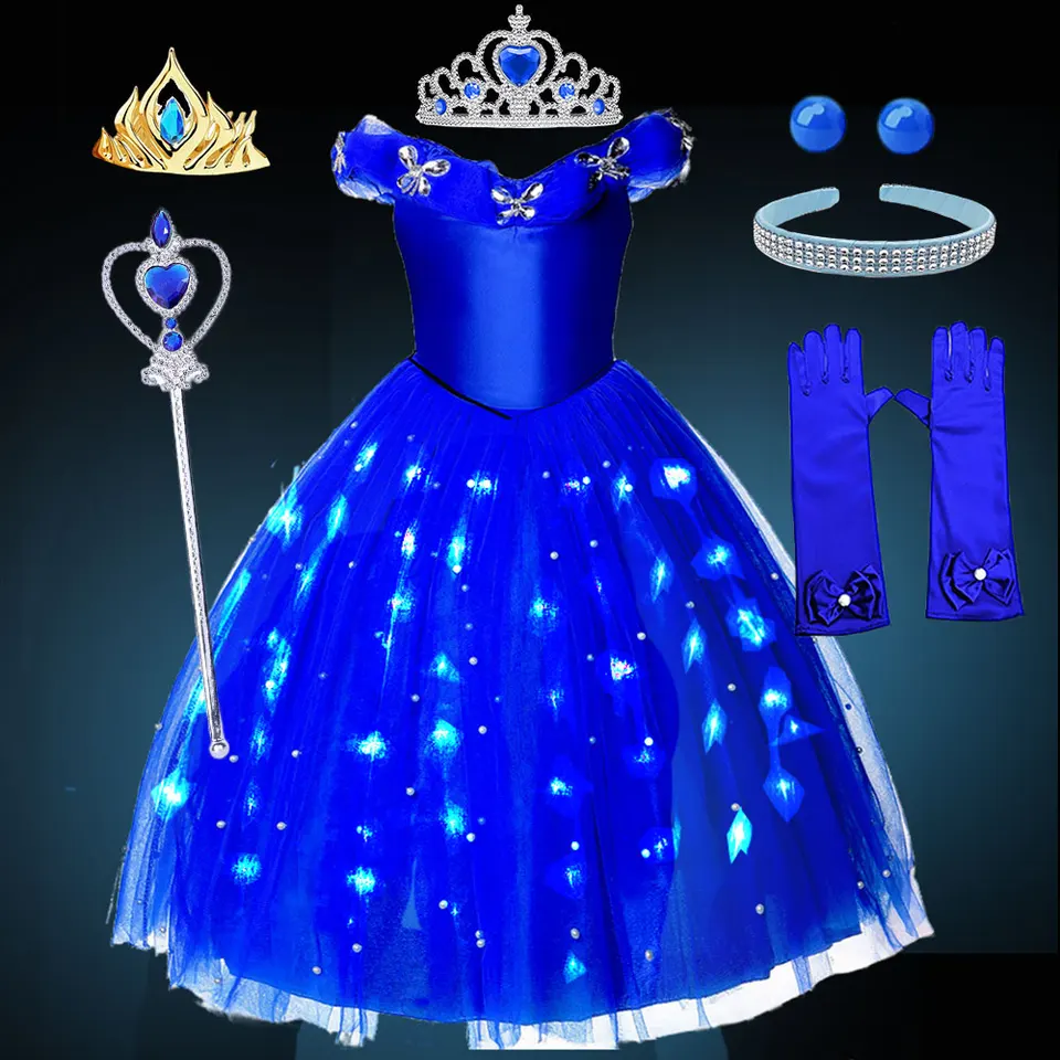 Light Up Dark Blue Party Dress for Girl Off Ramer Tulle Ball Gown Deti DETI Popoluška Cosplay víla Vestidos narodeninová fantázia