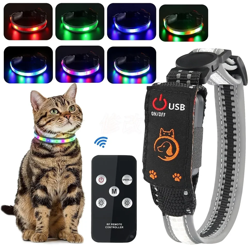 Light Up Dog Cat Golier Nabíjateľný vodotesný vodotesný obojok LED s diaľkovou žiarením v tmavej LED LED CAT CAT GORLAR LIGHTS NOC