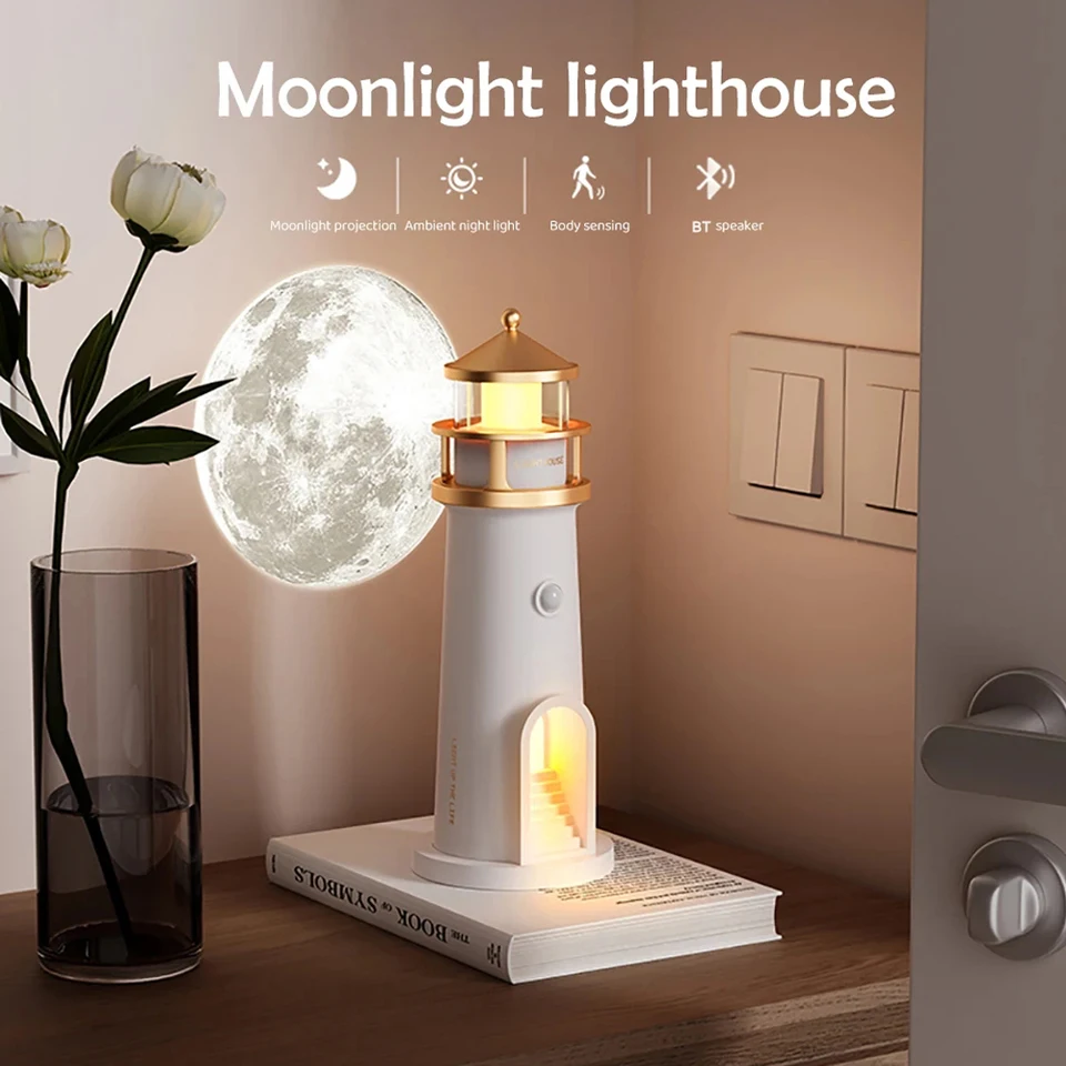 Lighthouse Ambient Lights Moon Projection Light Bluetooth Hudba prehrávanie nočná lampa domáca stolná plocha dekorácia k narodeninám darček