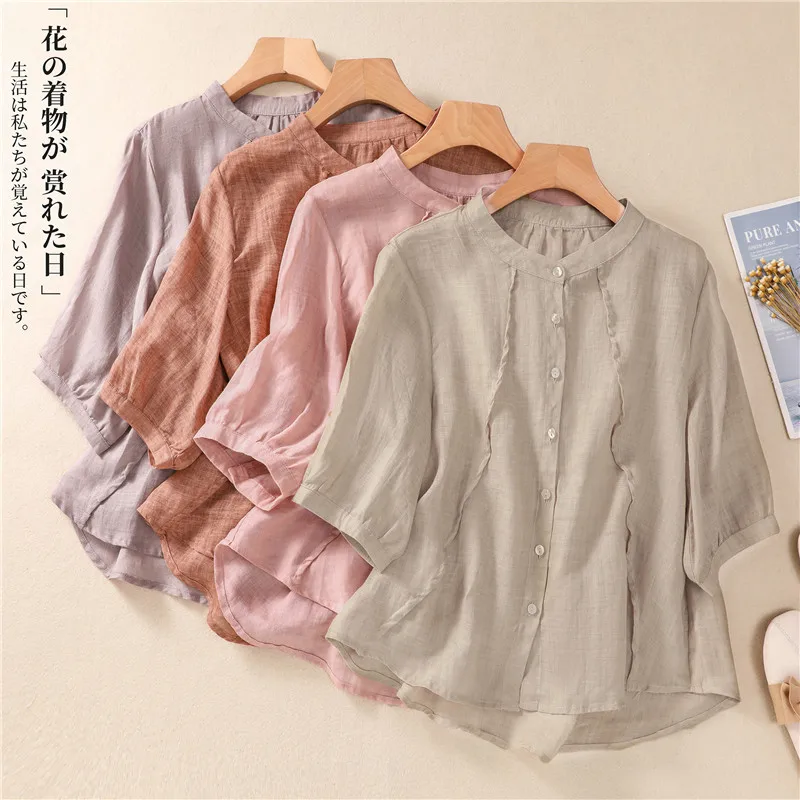 Liguyue Literárna tenká letná blúzka Ženy Ruffles stojan na obojok Half Ruckve Loose Tirls Cotton Linen Reto Mardigans Topy E715