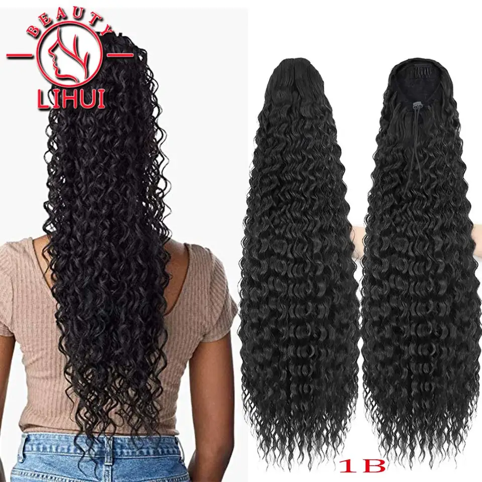 Lihui syntetický dlhý výstredný kučeravé curly cytail Syntetické šnúrky clip clip-in klip pre ženy prírodné vyzerajúce 22 palcov
