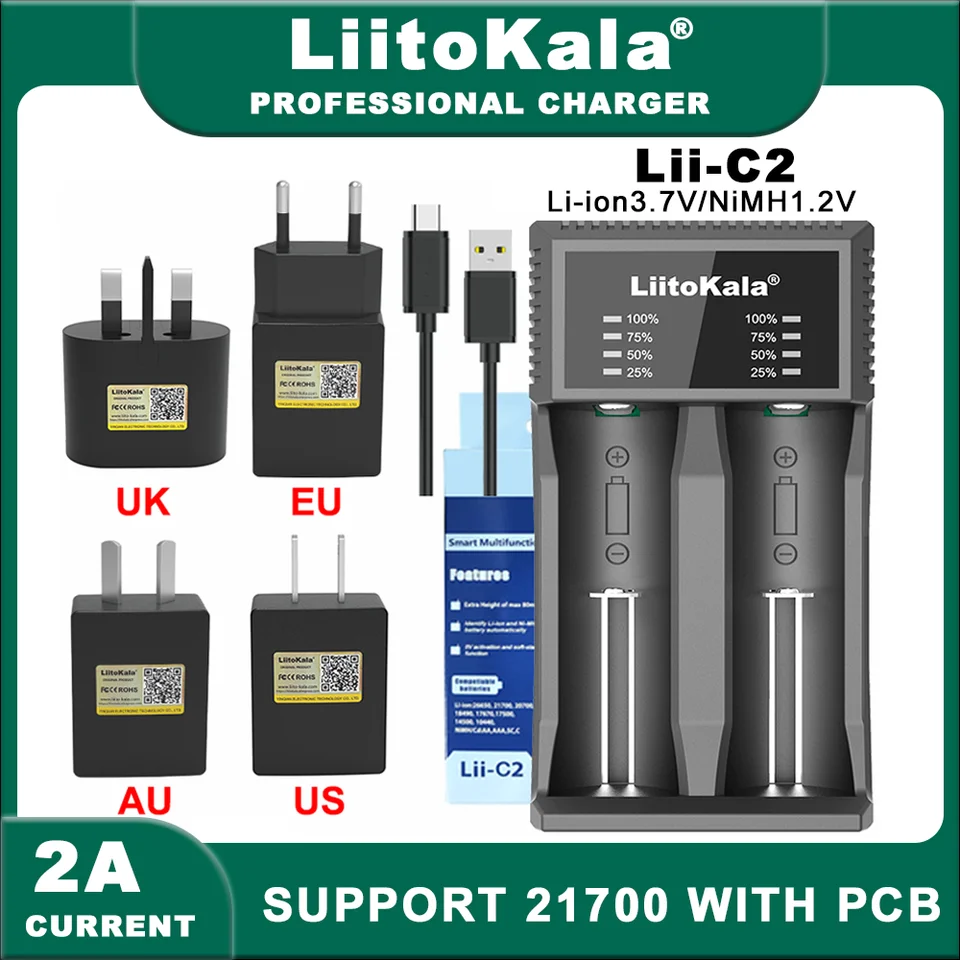 Liitokala lii-C2 Lii-402 Universal 3,7V batérií sa hodí na nabíjačku 18650 21700 26650 17500 1,2 V batérie, môže načítať 21700 pomocou PCB.