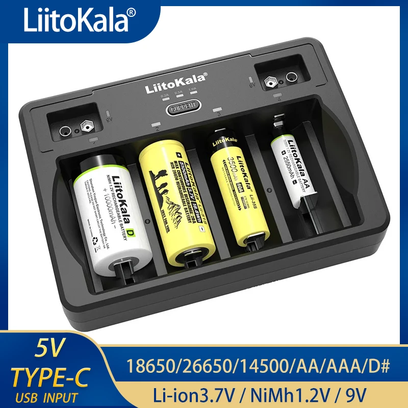 Liitokala lii-d4 4 sloty D 26650 18650 21700 18500 14500 16340 22650 AA AAA C SC 3,7V 1,2V 9V Littium NIMH inteligentná nabíjačka