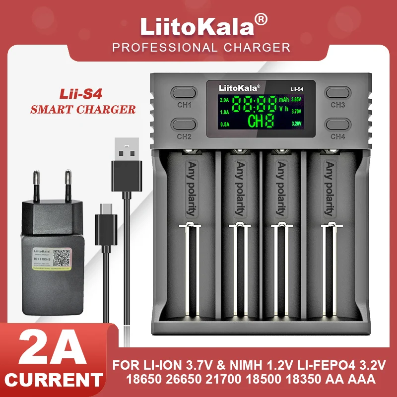 Liitokala lii-s4 4-slot 18650 lítiová nabíjačka batérií pre 3,7 V 21700 26650 25500 20700 14500 16340 1,2V AA AAA