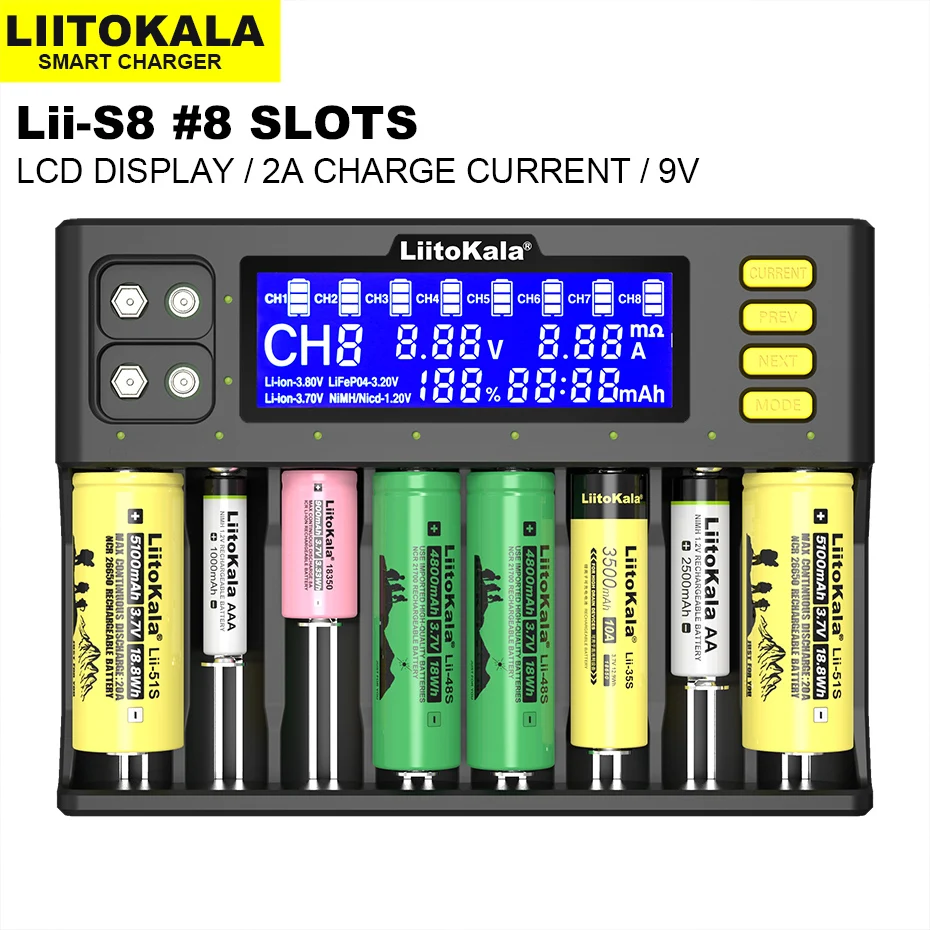 Liitokala lii-s8 lii-s12 CH4 nabíjačka z roku 18650 3,7V li-ion NIMH 1,2V 9V LI-FEPO4 3,2V IMR 3,8V 26650 21700 26700 AA AAA AAA