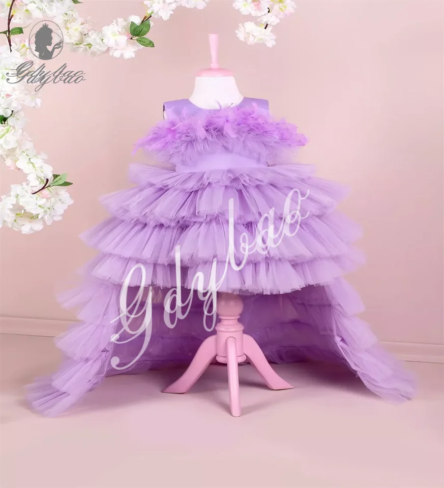 Lilac Flower Girl Šaty asymetrická dĺžka Tylové nadýchané prvé spoločenstvo Custom Compant Company Dress Birthday Prom Svadba