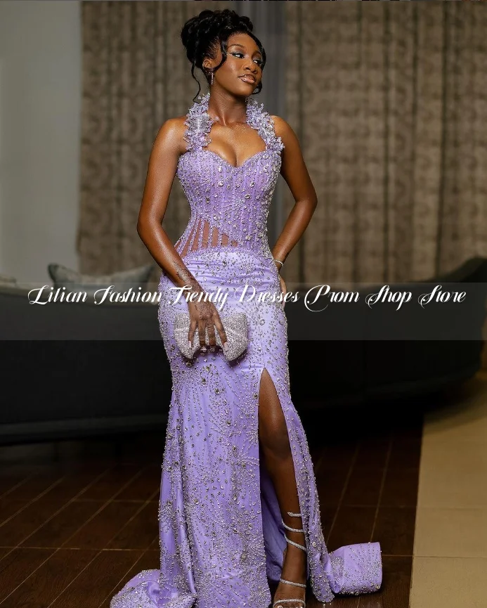 Lilac Purple Diamond Mermaid Prom Dress 2025 pre čierne dievčatá trblietky Luxury Pozrite sa cez korzet sexy rozdelené narodeninové oslavy Vlastné