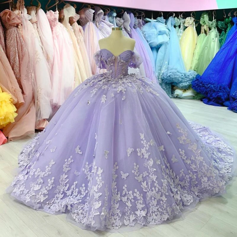 Lilac quinceanera šaty guľôčkové šaty z ramena guľky korálky krištáľové utrpenie narodeniny sladké 16 obliekania Vestidos de xv 15
