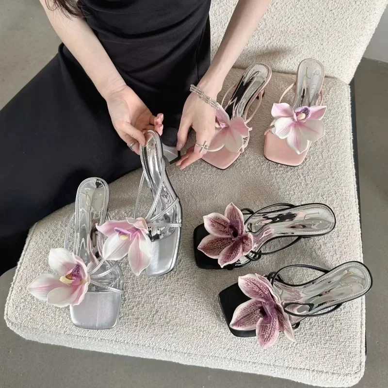 Lily Flowers Black Strieborné ružové kožené papuče Elegantné vysoké podpätky papuče 2024 leto nové v luxusnej dizajnérskej elegantnej párty topánky